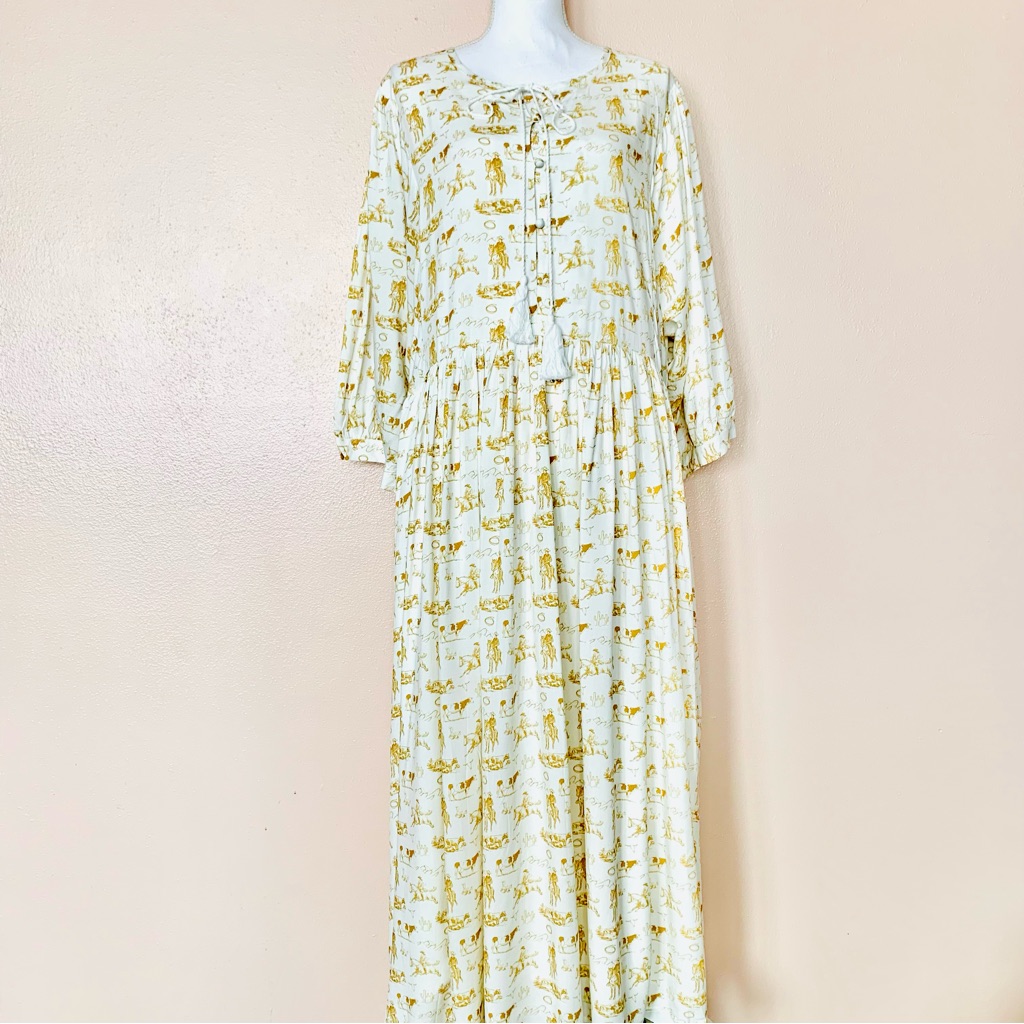 Noliabae Cream & Brown Yellow Western Horse Print Maxi Dress.
